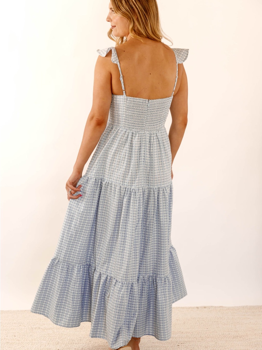 Light Blue Gingham Tiered Maxi Dress with Ruffle Straps - Picture 3 of 4